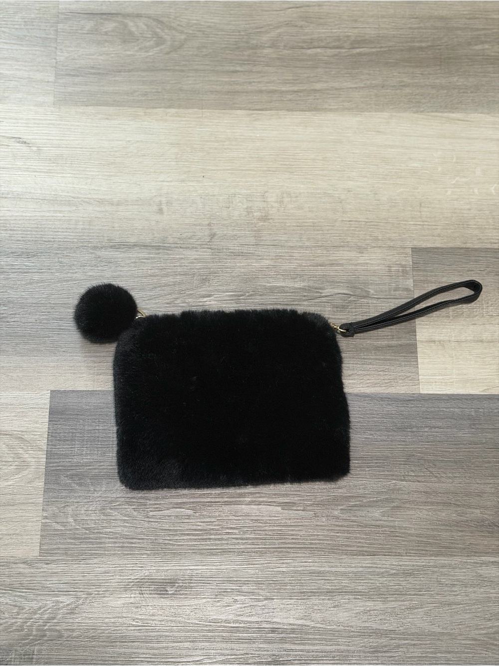 Black Faux Fur Wristlet Clutch with Pom Pom